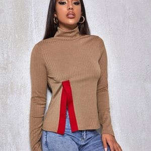 High neck slit hem rib-knit tee